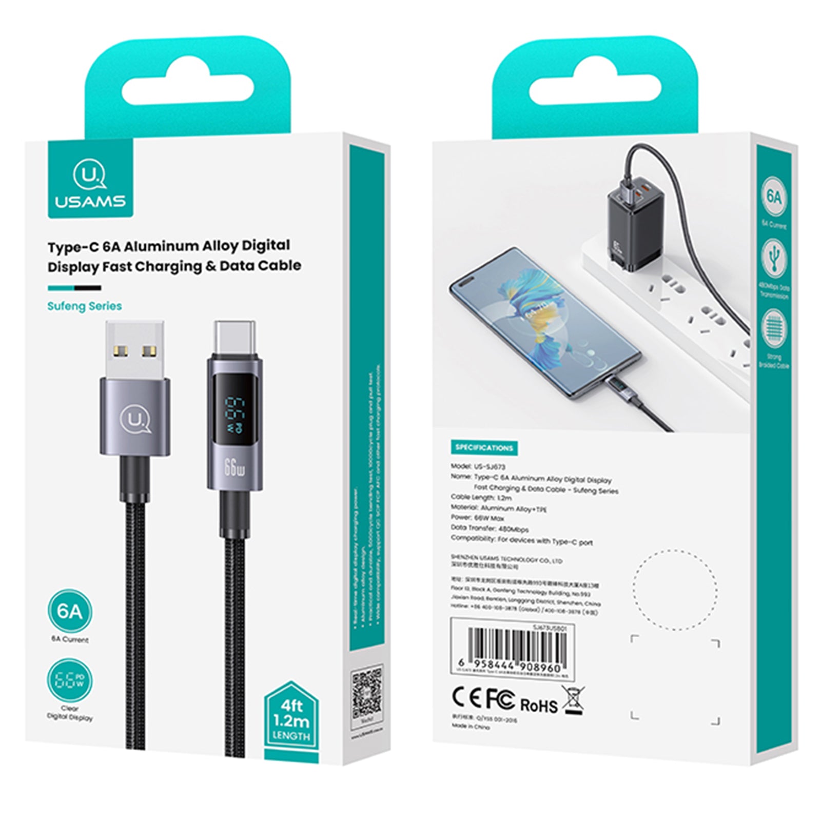 USAMS US-SJ673 USB-A to Type-C 6A Fast Charging Cable 1.2m Aluminum Alloy Digital Display Charger Data Cable USAMS US-SJ673 USB-A to Type-C 6A Fast Charging Cable 1.2m Aluminum Alloy Digital Display Charger Data Cable